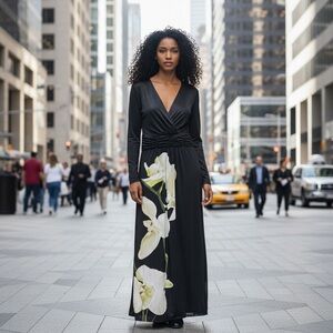 Elegant Black Floral Maxi Dress. Shoulder 44cm long 144cm waist 44cm. Size L.⚡️📦